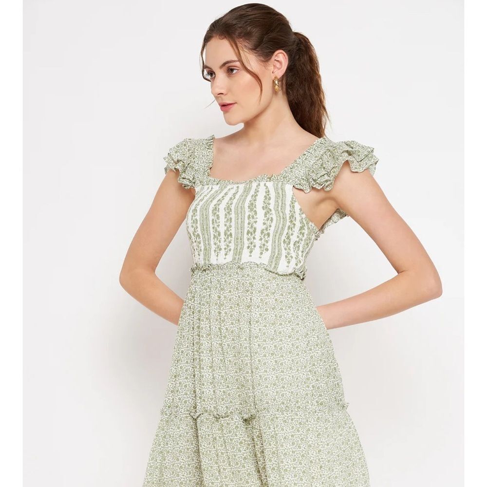 SAGE/IVORY RAYON CRINKLE MINI DRESS